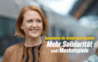 Portrait von Lisa Paus. Darauf die Headline: Sprecherin für Arbeit und Soziales: Mehr Solidarität statt Muskelspiele