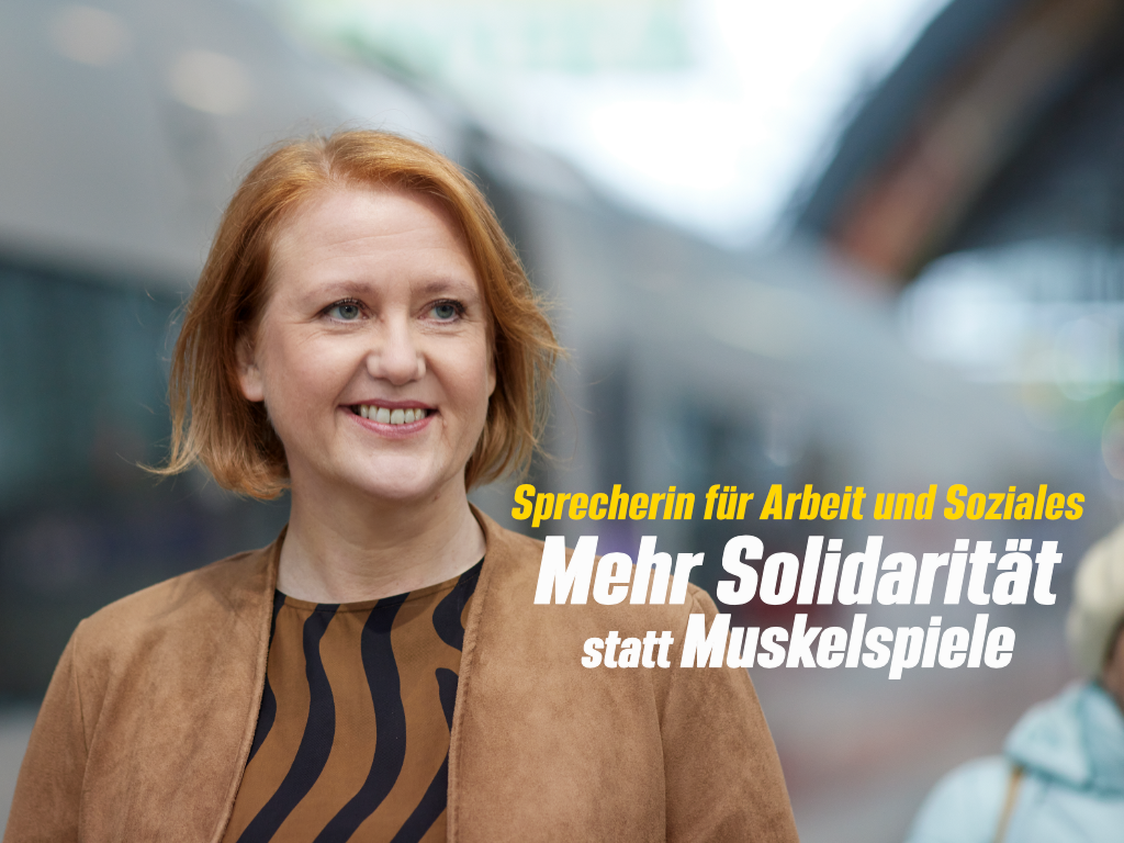 Portrait von Lisa Paus. Darauf die Headline: Sprecherin für Arbeit und Soziales: Mehr Solidarität statt Muskelspiele