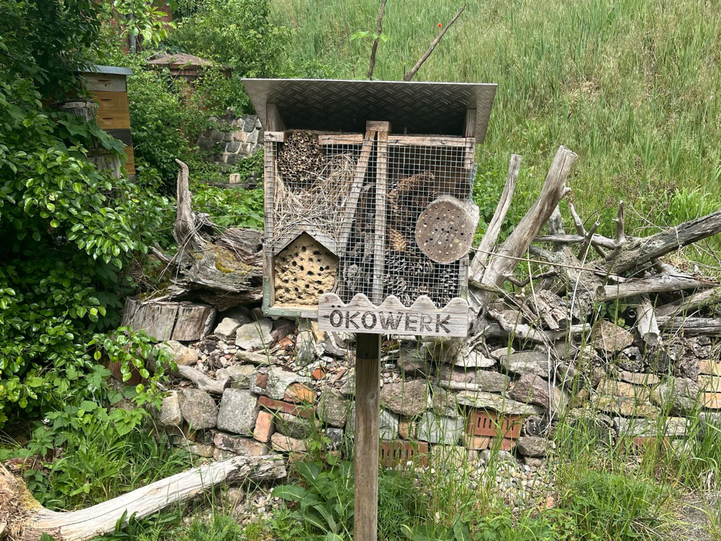 Bienenstock mit Schild, auf dem "Ökowerk" steht.