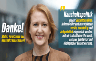 Portrait von Lisa Paus. Link auf dem Bild die Überschrift: "Danke! Stellv. Vorsitzende des Haushaltsausschusses", rechts das Zitat: "Haushaltspolitik macht Zukunft konkret: Indem Gelder und Investitionen seriös, nachhaltig und zielgerichtet eingesetzt werden, mit wirtschaftlicher Vernunft, sozialer Solidarität und ökologischer Verantwortung.